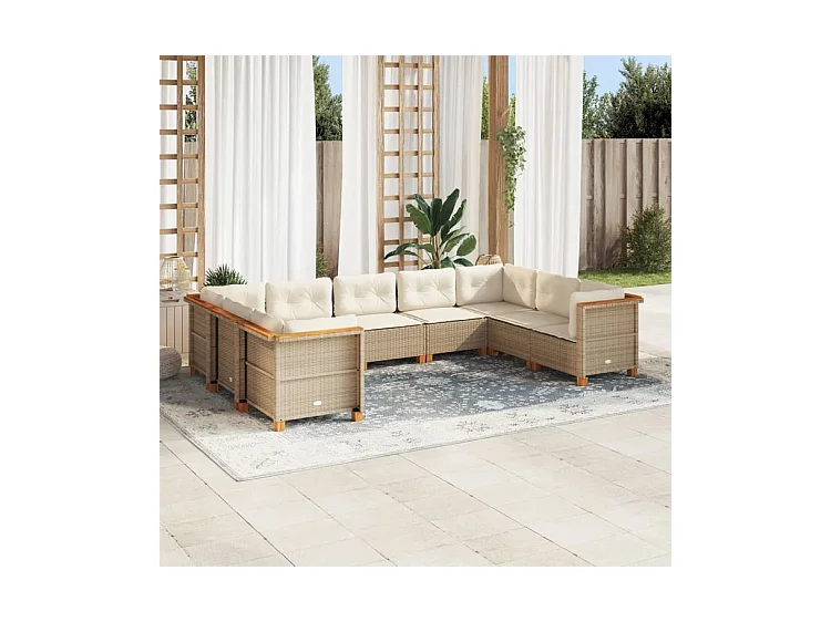 Salon de jardin avec coussins 9 pcs beige résine tressée