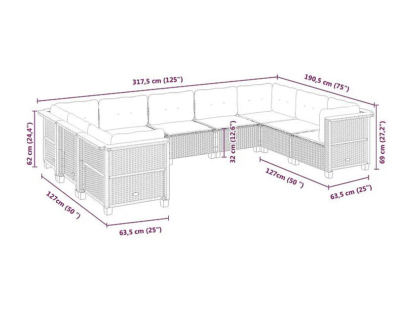 Salon de jardin avec coussins 9 pcs beige résine tressée