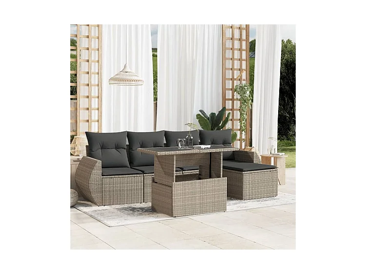 Salon de jardin 6 pcs avec coussins gris clair résine tressée