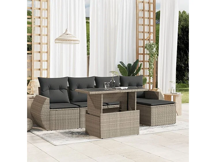 Salon de jardin 6 pcs avec coussins gris clair résine tressée