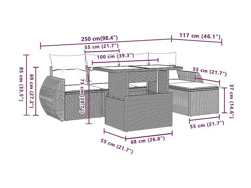 Salon de jardin 6 pcs avec coussins gris clair résine tressée