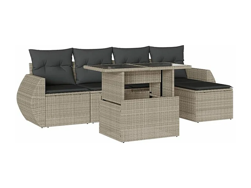 Salon de jardin 6 pcs avec coussins gris clair résine tressée