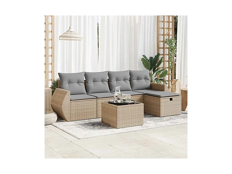 Salon de jardin avec coussins 6 pcs beige résine tressée
