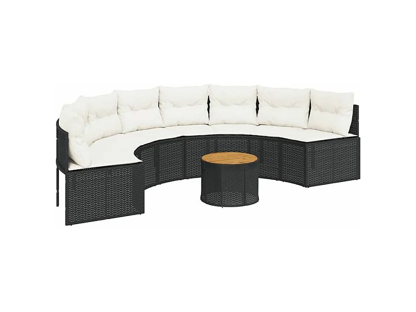 Canapé de jardin table coussins demi-rond noir résine tressée