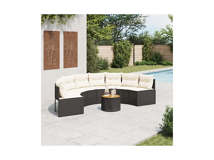 Canapé de jardin table coussins demi-rond noir résine tressée