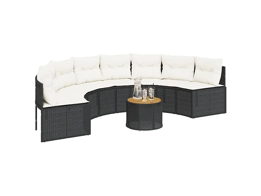 Canapé de jardin table coussins demi-rond noir résine tressée