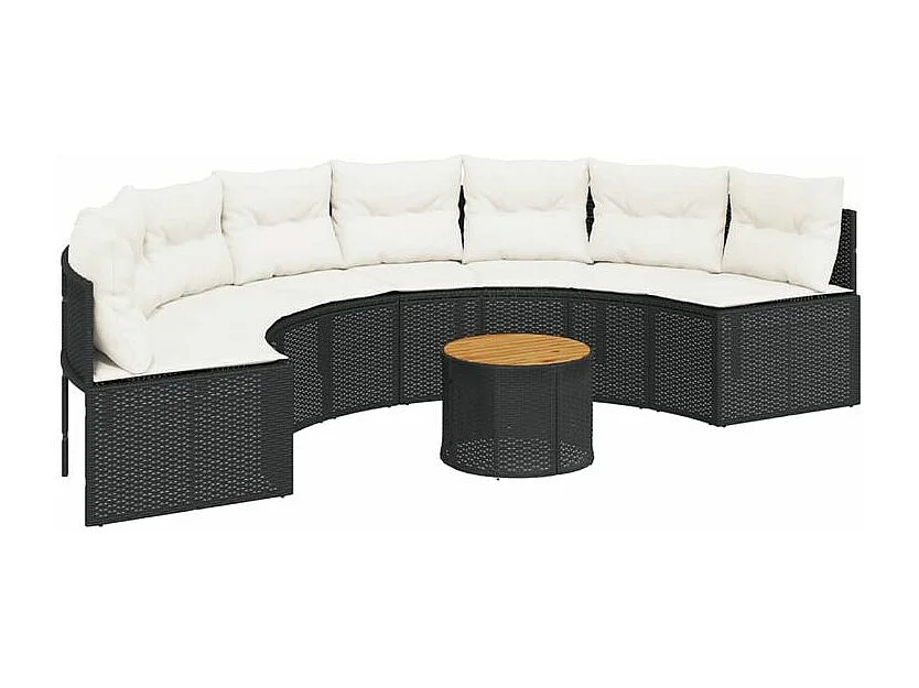 Canapé de jardin table coussins demi-rond noir résine tressée