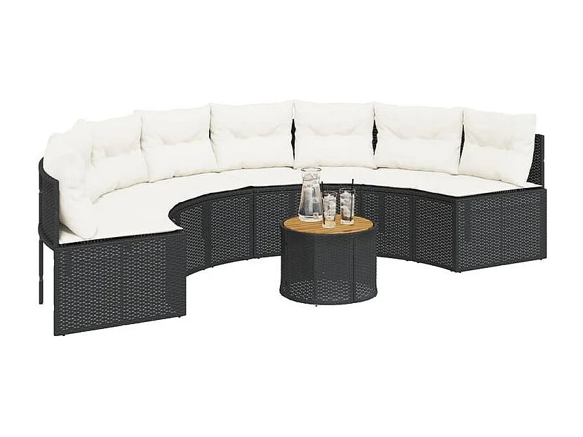 Canapé de jardin table coussins demi-rond noir résine tressée