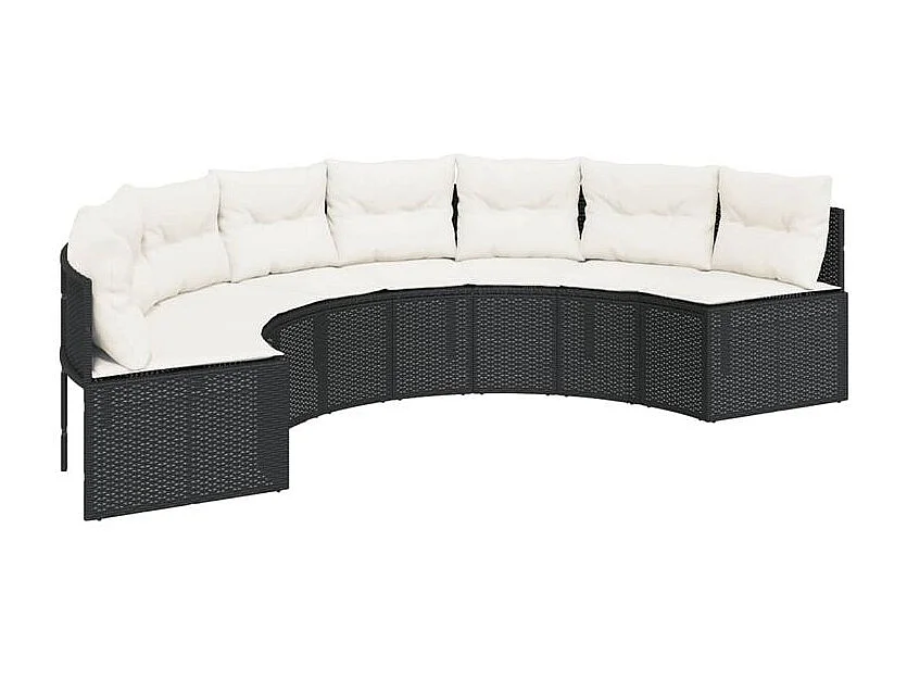 Canapé de jardin table coussins demi-rond noir résine tressée