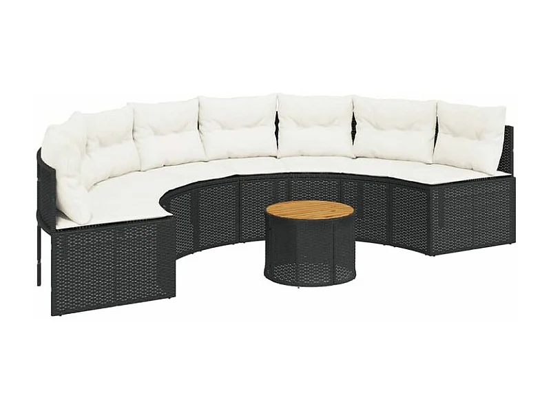 Canapé de jardin table coussins demi-rond noir résine tressée