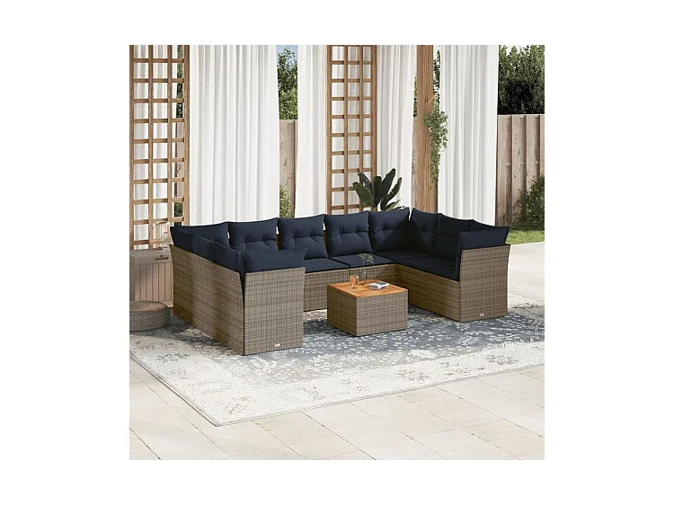 Salon de jardin 10 pcs avec coussins gris résine tressée