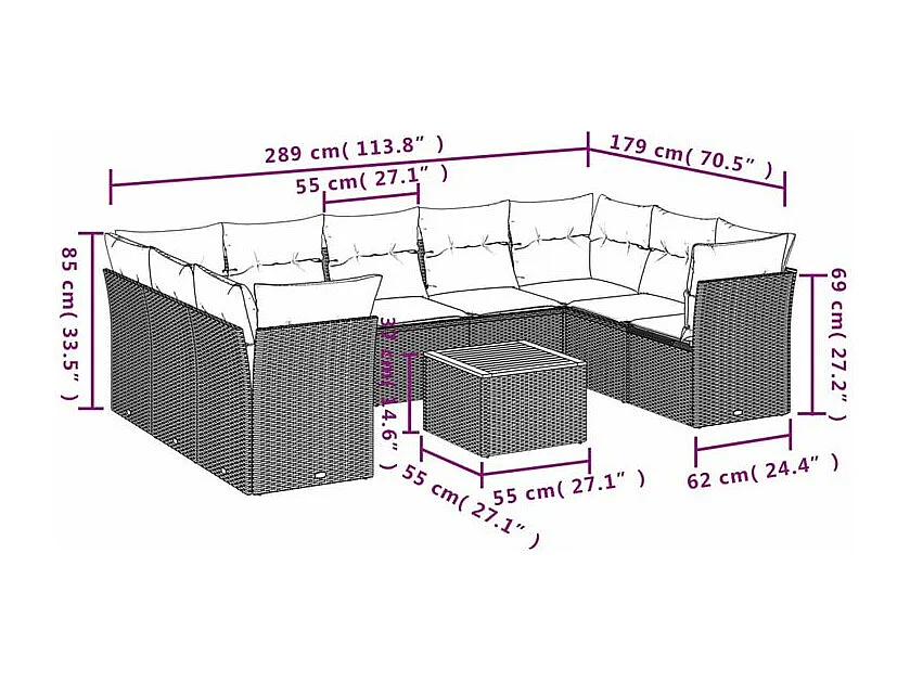Salon de jardin 10 pcs avec coussins gris résine tressée
