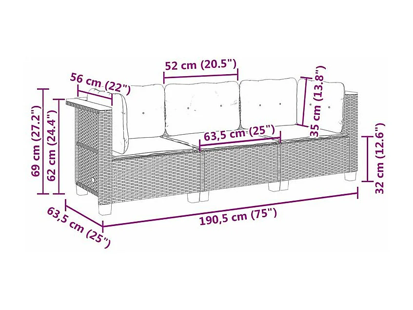 Canapé de jardin avec coussins 3 places beige résine tressée