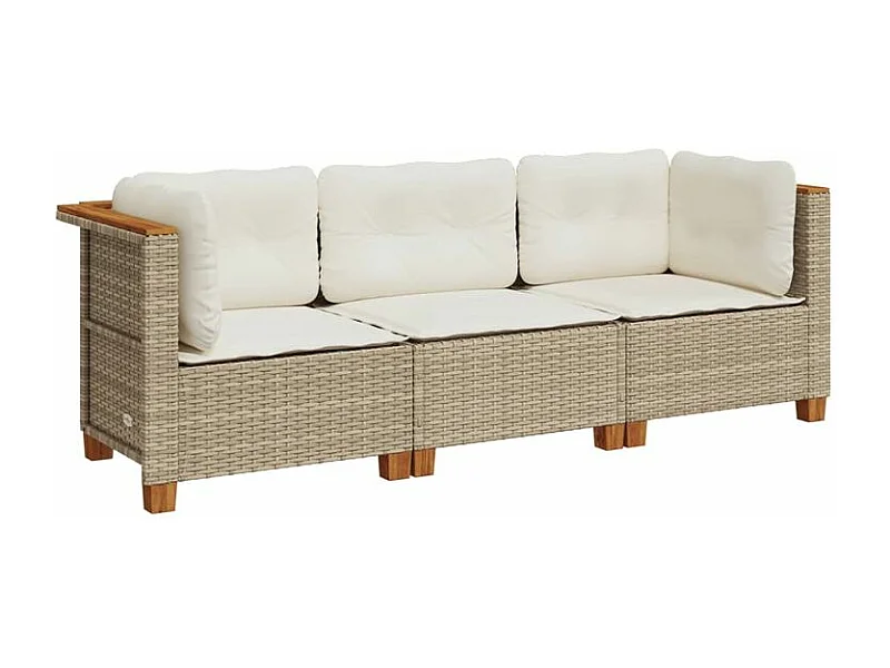 Canapé de jardin avec coussins 3 places beige résine tressée