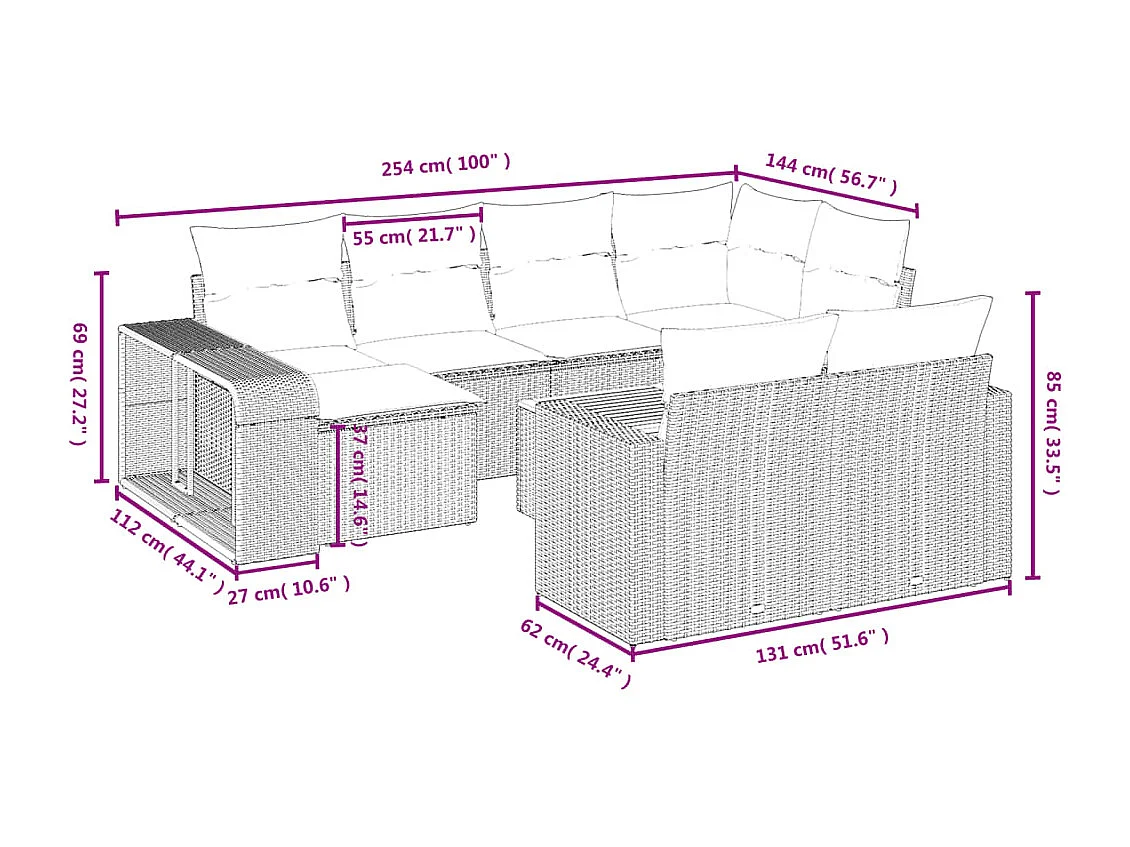 Salon de jardin 11 pcs avec coussins noir résine tressée