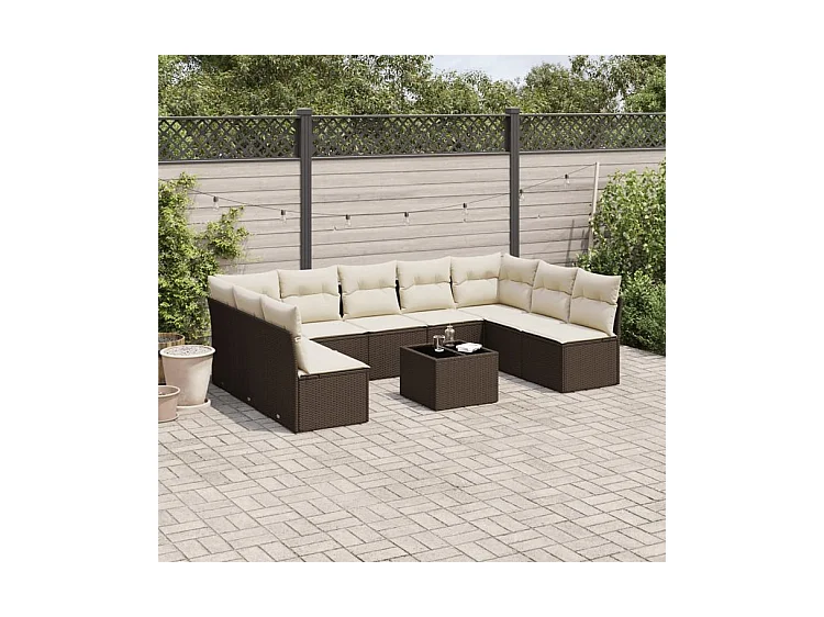 Salon de jardin 10 pcs avec coussins marron résine tressée