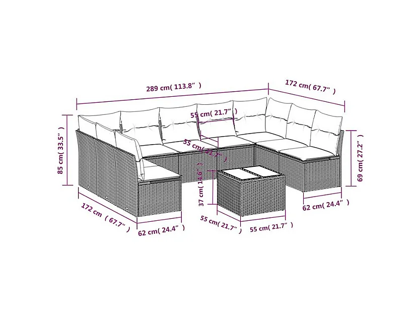 Salon de jardin 10 pcs avec coussins marron résine tressée