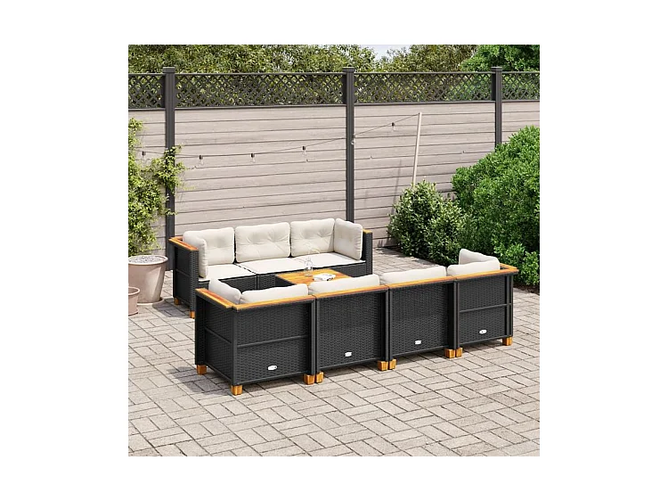 Salon de jardin 8 pcs avec coussins noir résine tressée