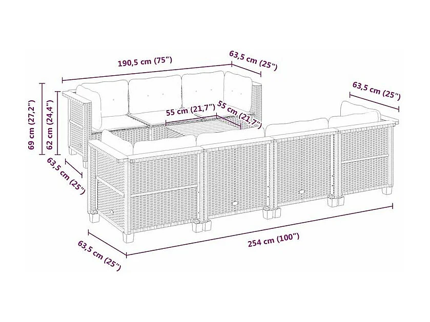 Salon de jardin 8 pcs avec coussins noir résine tressée