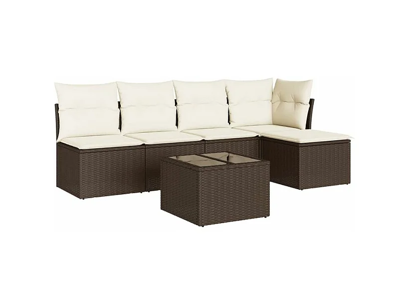 Salon de jardin avec coussins 6 pcs marron résine tressée