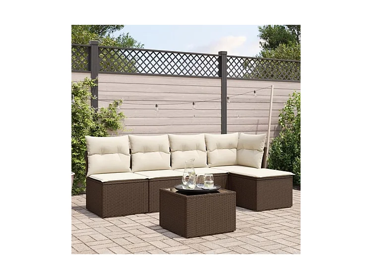 Salon de jardin avec coussins 6 pcs marron résine tressée