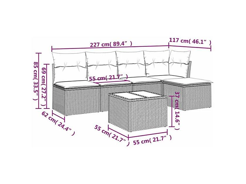 Salon de jardin avec coussins 6 pcs marron résine tressée