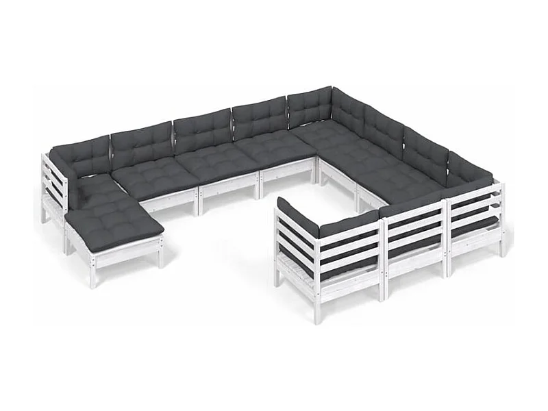 Salon de jardin 11 pcs avec coussins blanc bois de pin