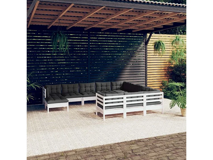 Salon de jardin 11 pcs avec coussins blanc bois de pin