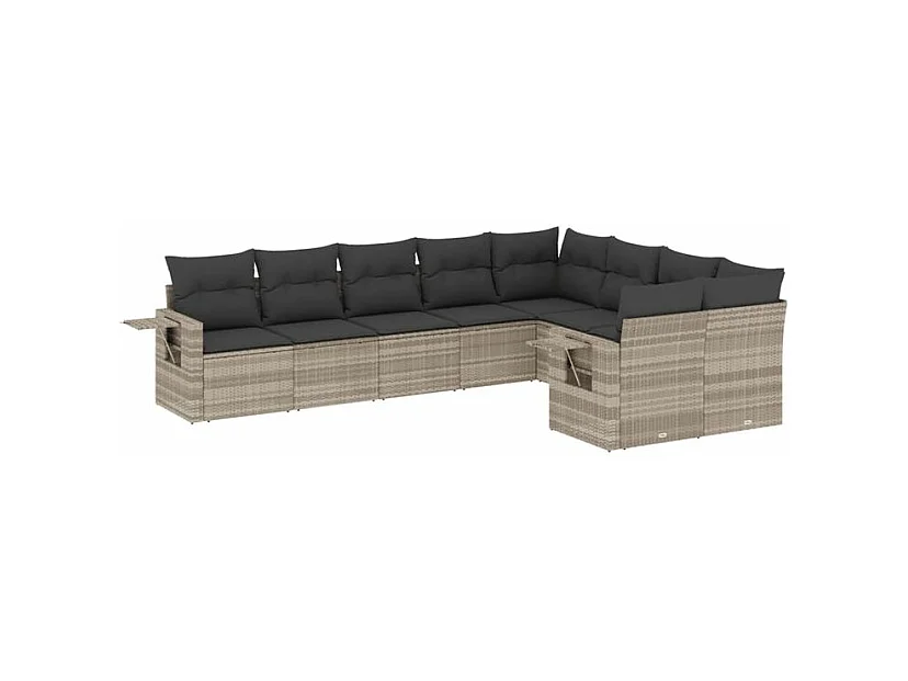 Salon de jardin 9 pcs avec coussins gris clair résine tressée