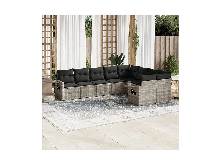 Salon de jardin 9 pcs avec coussins gris clair résine tressée