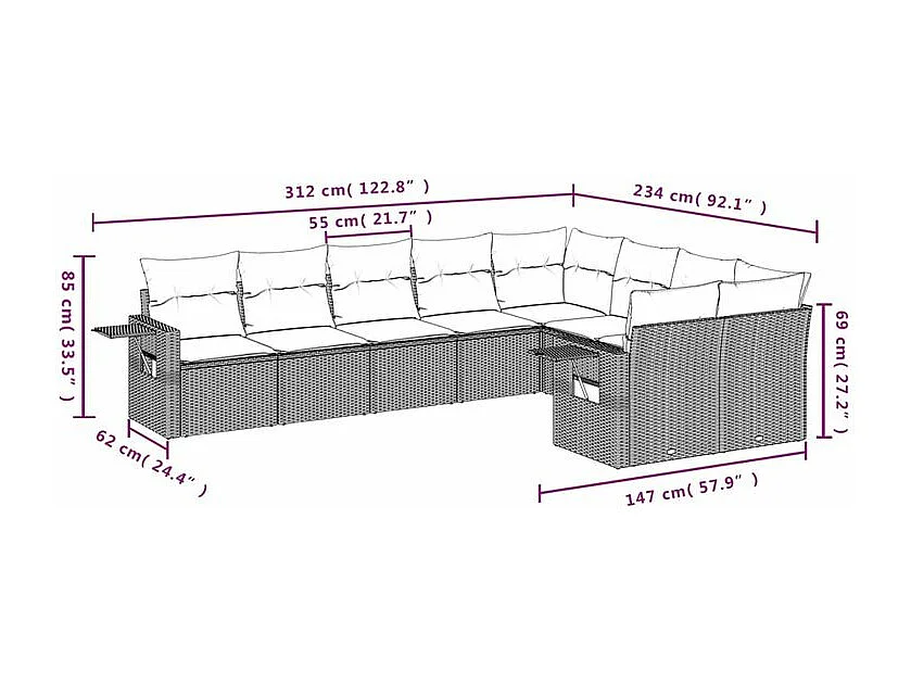 Salon de jardin 9 pcs avec coussins gris clair résine tressée