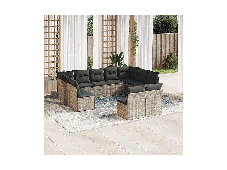 Salon de jardin 11 pcs avec coussins gris clair résine tressée