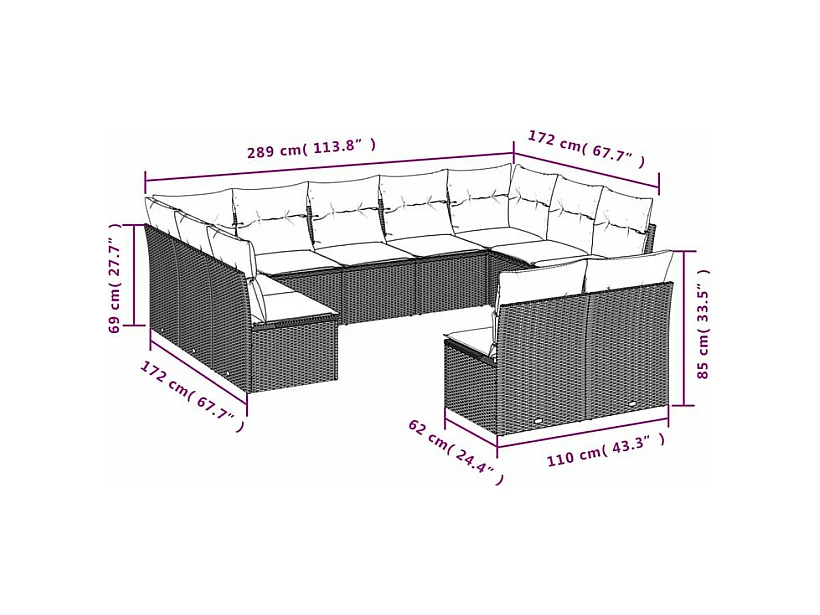 Salon de jardin 11 pcs avec coussins gris clair résine tressée