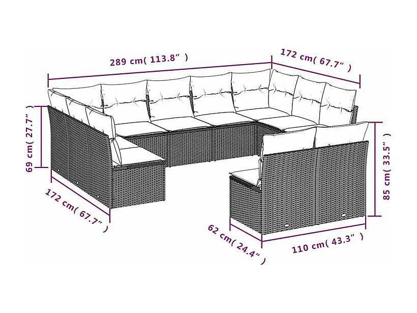 Salon de jardin 11 pcs avec coussins gris clair résine tressée