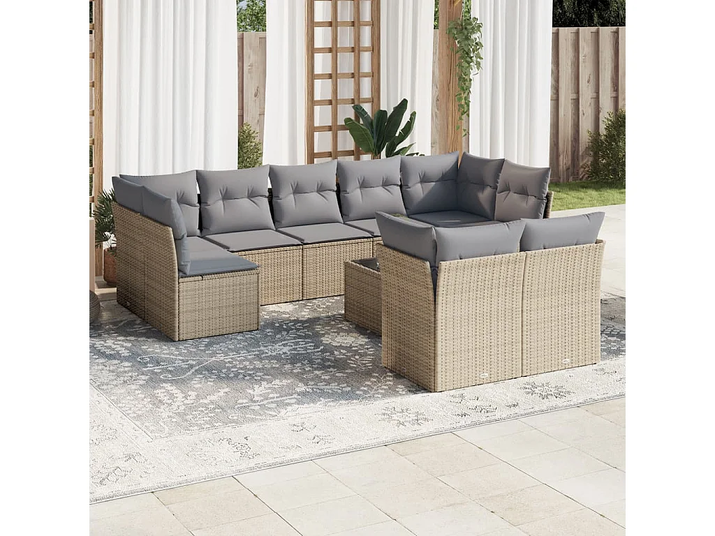 Salon de jardin avec coussins 10 pcs beige résine tressée