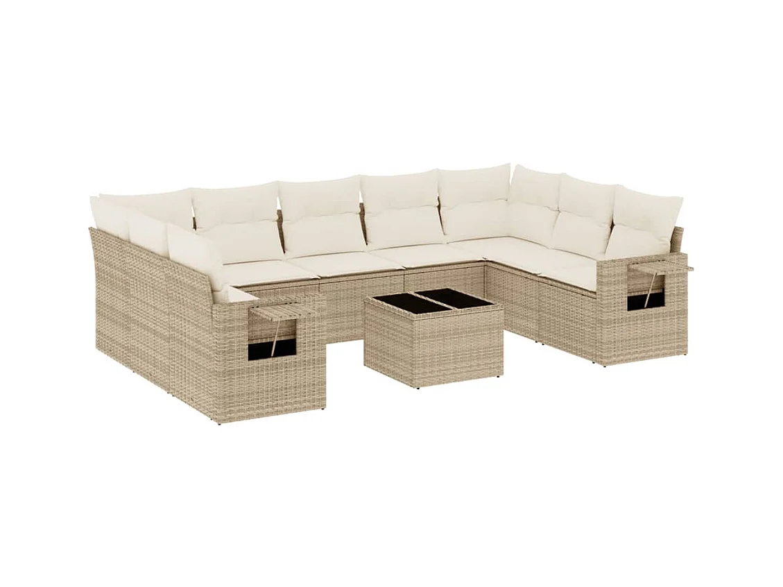 Salon de jardin avec coussins 10 pcs beige résine tressée