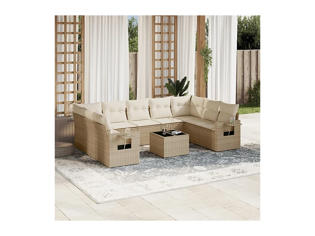 Salon de jardin avec coussins 10 pcs beige résine tressée