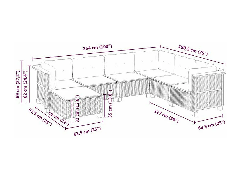 Salon de jardin 7 pcs avec coussins noir résine tressée