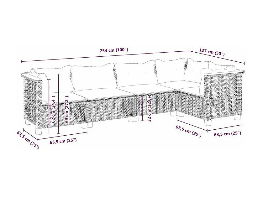 Salon de jardin 5 pcs avec coussins gris résine tressée