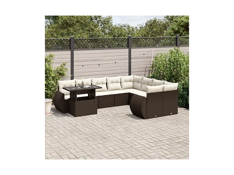 Salon de jardin 10 pcs avec coussins marron résine tressée