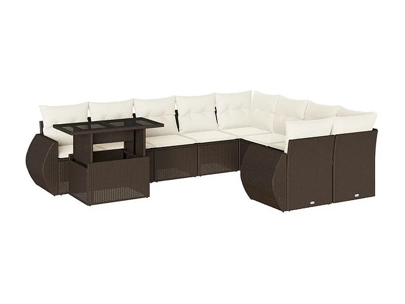 Salon de jardin 10 pcs avec coussins marron résine tressée