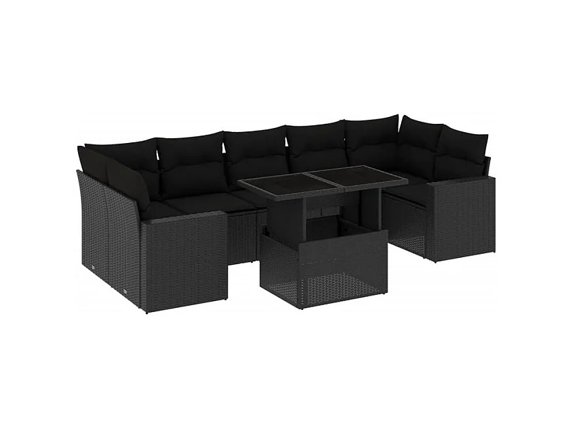 Salon de jardin 8 pcs avec coussins noir résine tressée