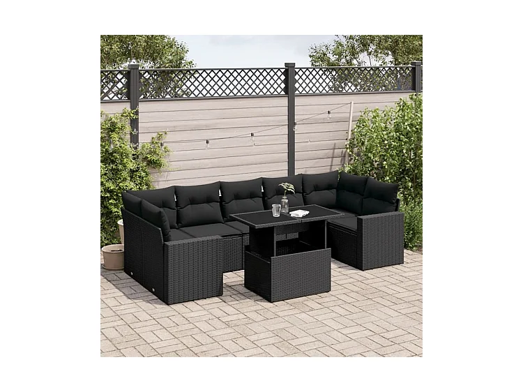 Salon de jardin 8 pcs avec coussins noir résine tressée