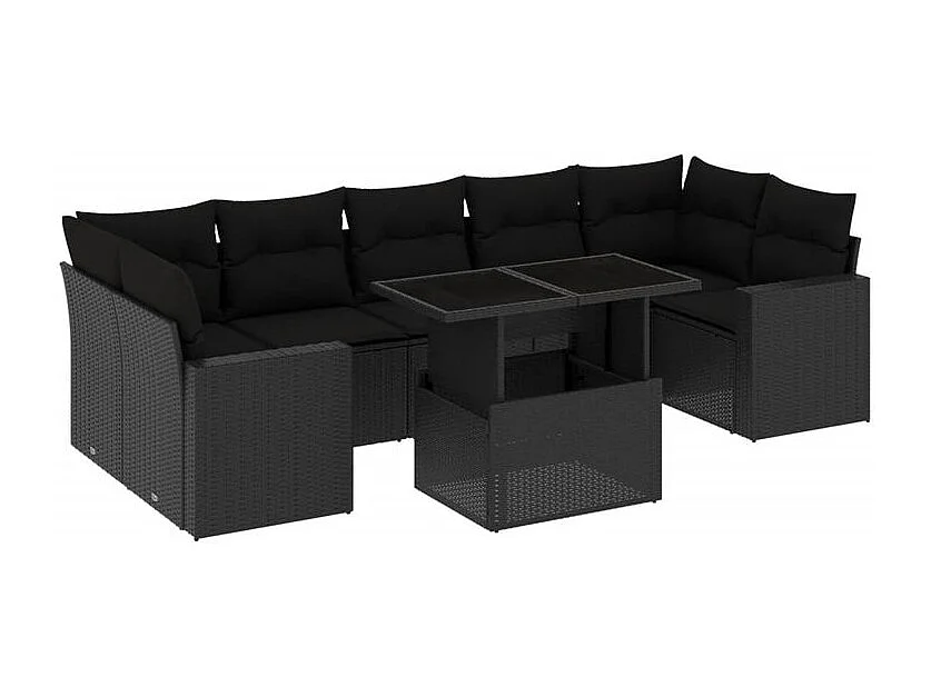 Salon de jardin 8 pcs avec coussins noir résine tressée