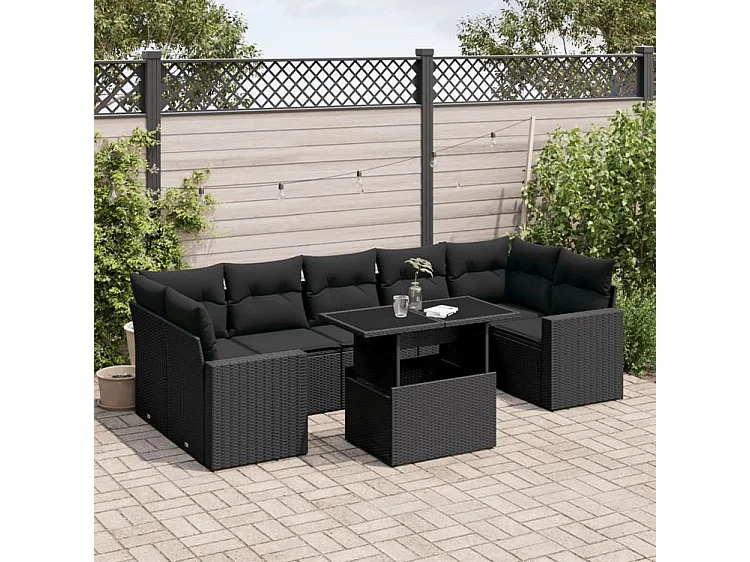 Salon de jardin 8 pcs avec coussins noir résine tressée