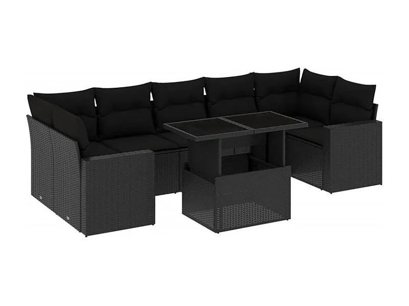 Salon de jardin 8 pcs avec coussins noir résine tressée