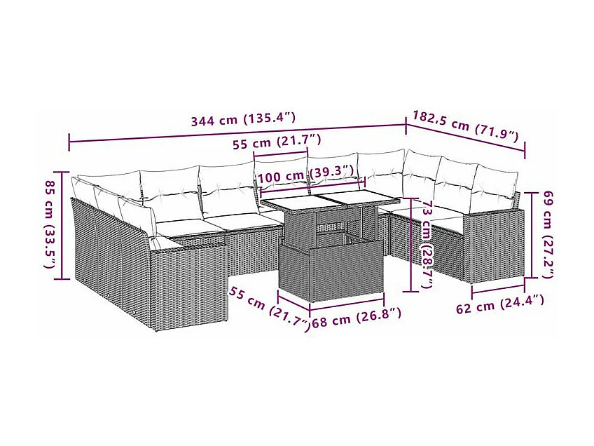 Salon de jardin et coussins 11 pcs marron résine tressée