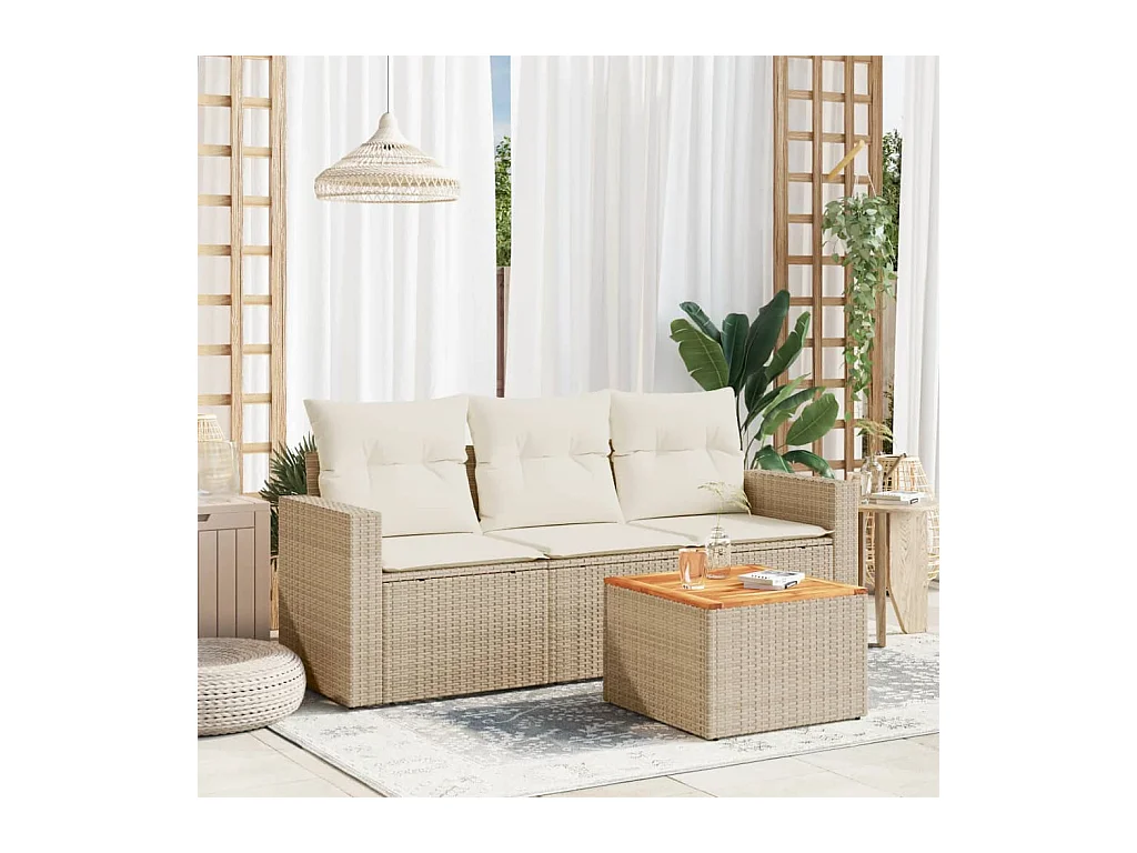 Salon de jardin avec coussins 4 pcs beige résine tressée