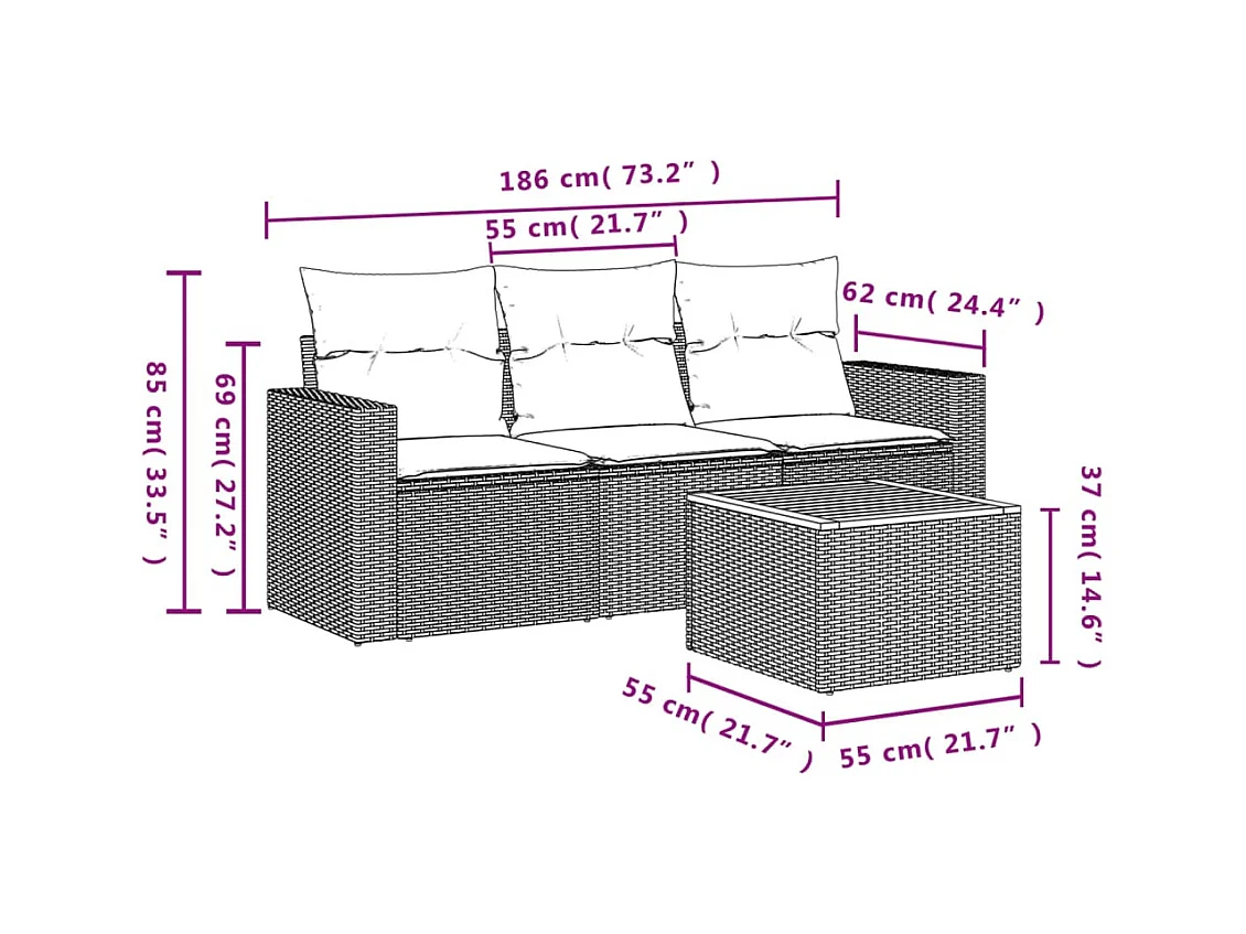 Salon de jardin avec coussins 4 pcs beige résine tressée