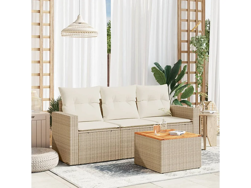 Salon de jardin avec coussins 4 pcs beige résine tressée